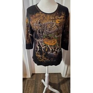 Studio Gem Womens Halloween Rhinestone Graphic Top Black 3/4 Sleeve Medium USA